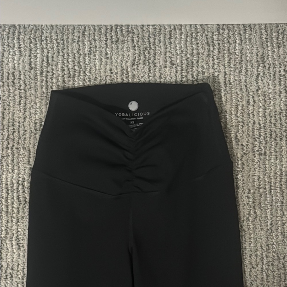 Yogalicious black high waisted cinched flare leggings, size XS